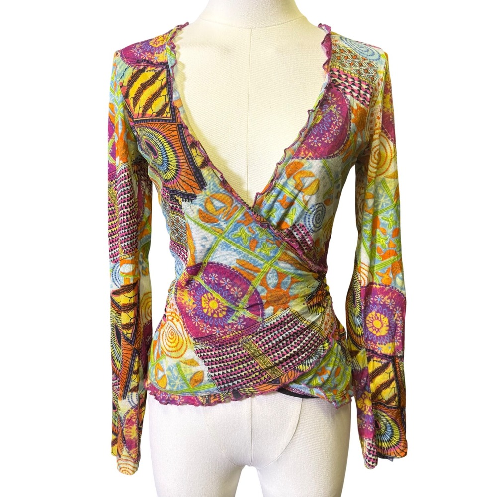 Oui Moments Wrap Top Womens 36 Multi Good Patchwork Print Whimsigoth 2601114